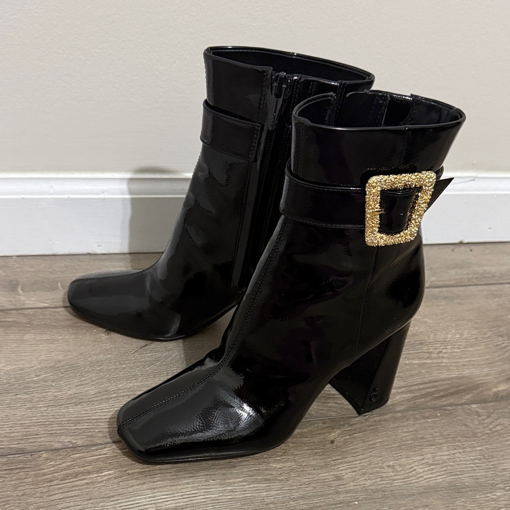 Sam Edelman Black Heeled Boots with Gold Buckle